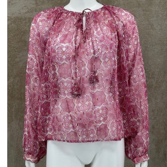Let Me Be Anthropologie Top Womens Medium Pink Sheer Metallic Tassels Fairy Boho - Picture 1 of 9